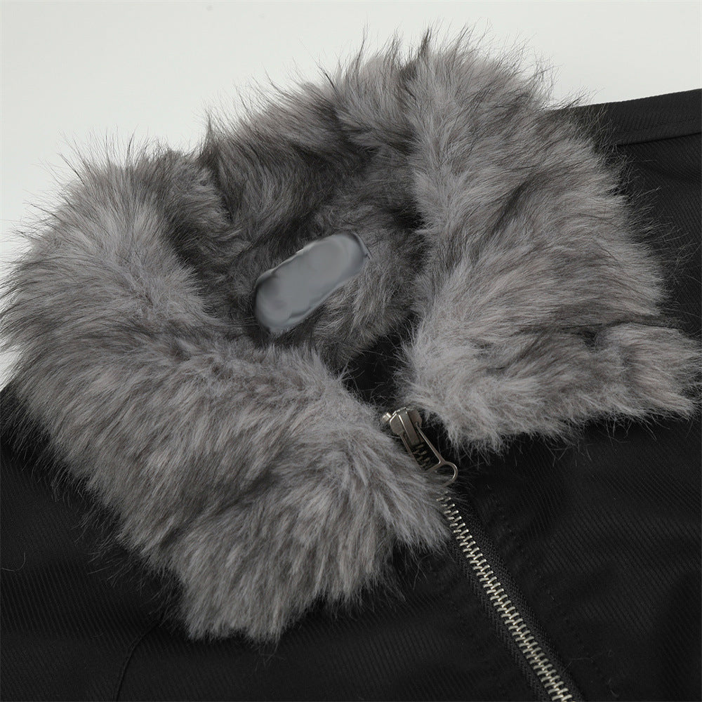 Full view of men's faux fur collar bomber jacket outerwear