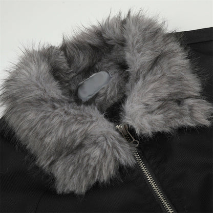 Full view of men's faux fur collar bomber jacket outerwear