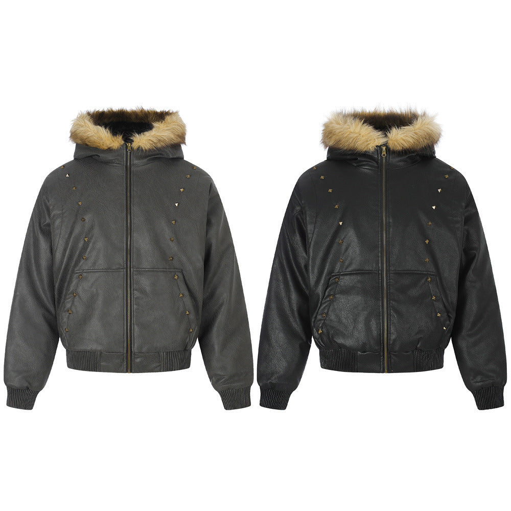 Front view of a studded PU leather bomber jacket with hood