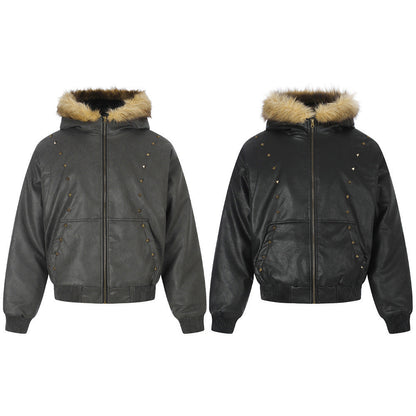 Front view of a studded PU leather bomber jacket with hood