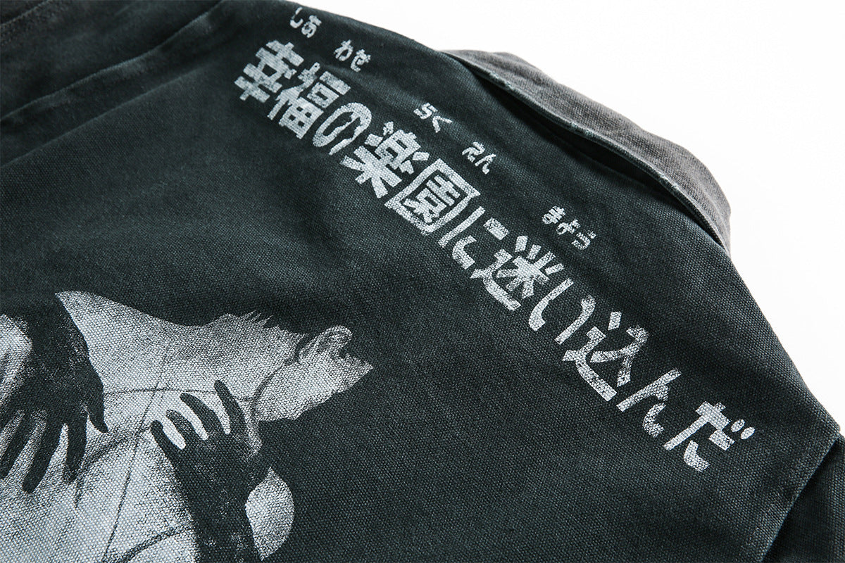 Close-up of the canvas texture and distressed finish on the workwear jacket