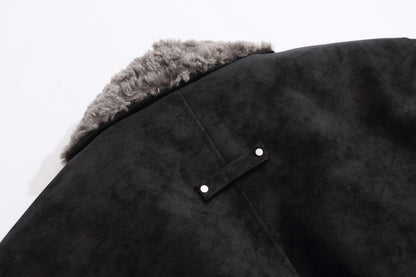 Faux fur trimmed collar detail on the quilted suede jacket