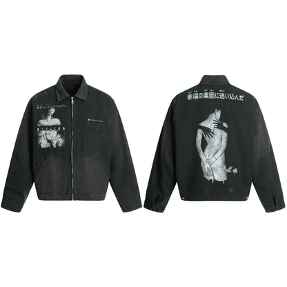 Acid Wash Canvas Workwear Jacket With Graphic Print