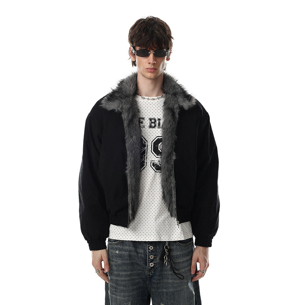Men's faux fur collar bomber jacket shown from the front