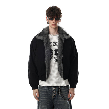 Men's faux fur collar bomber jacket shown from the front