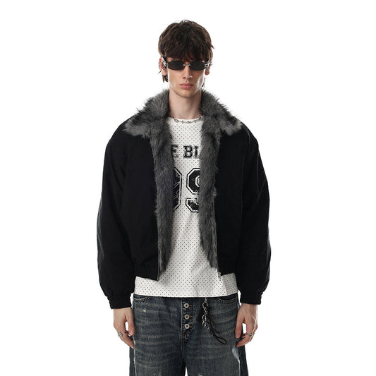 Men's faux fur collar bomber jacket shown from the front