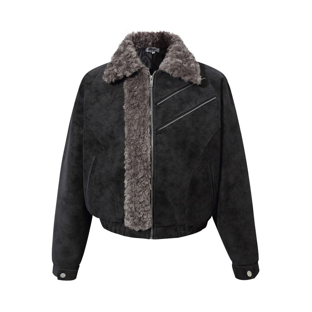 Close-up of the soft faux fur trim on the suede jacket