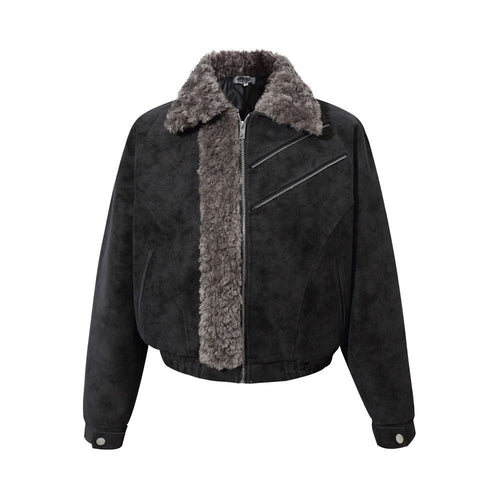 Close-up of the soft faux fur trim on the suede jacket