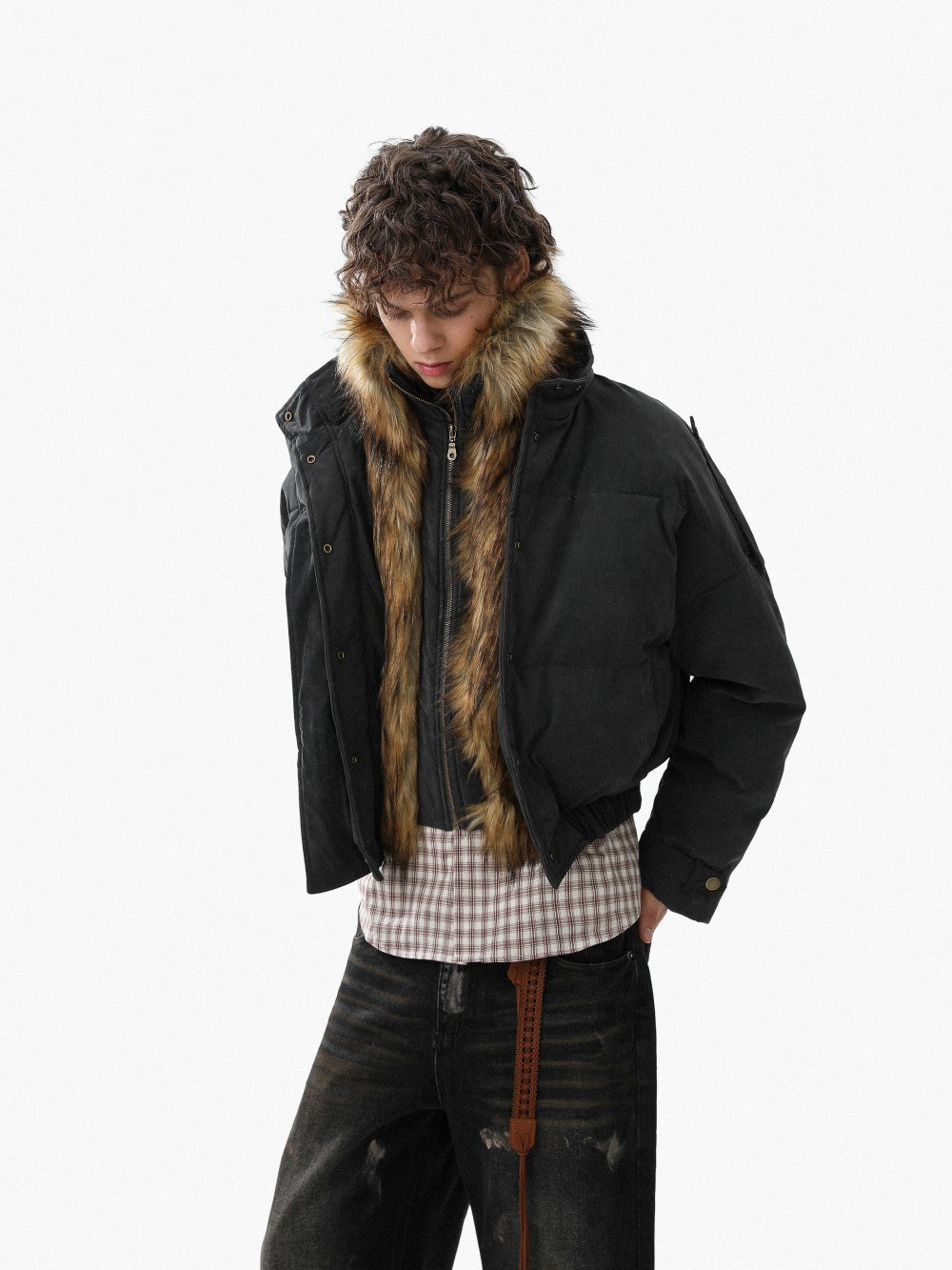 Side view of an oversized puffer jacket with faux fur trim