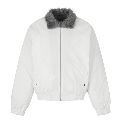 Back view of men's faux fur collar bomber jacket