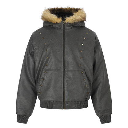 Studded PU Leather Hooded Bomber Jacket With Fur Collar