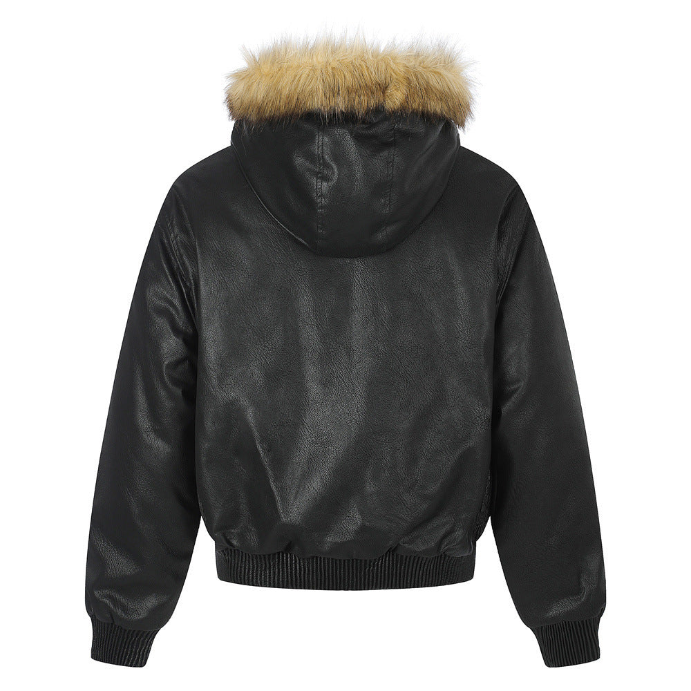 Back view of the hooded studded bomber jacket