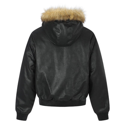Back view of the hooded studded bomber jacket
