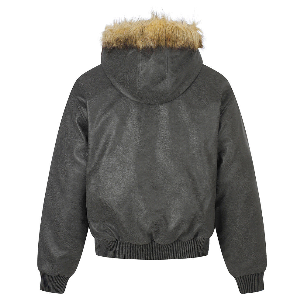 Full view of the punk-inspired hooded bomber jacket