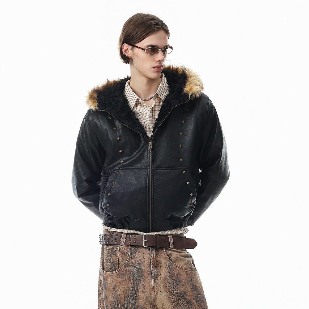 Fur collar and hood detail on the bomber jacket
