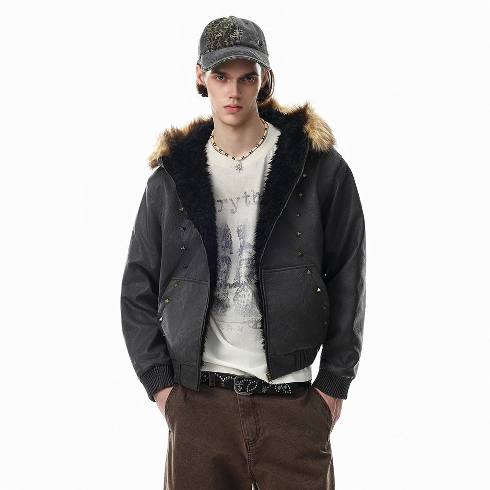 Side view of the hooded studded bomber jacket