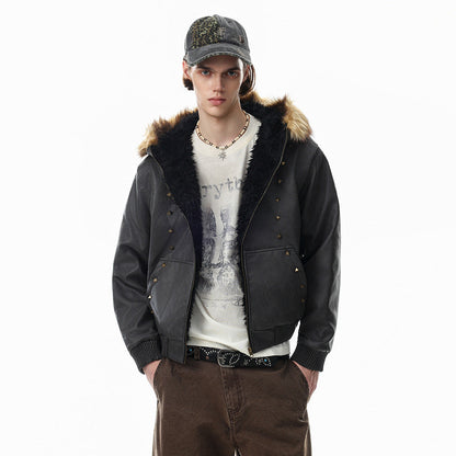 Side view of the hooded studded bomber jacket