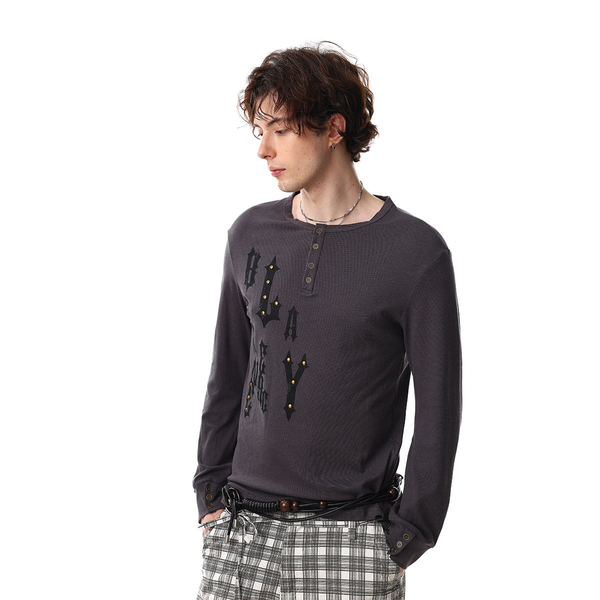 Slim-fit Henley shirt styled as a contemporary streetwear top