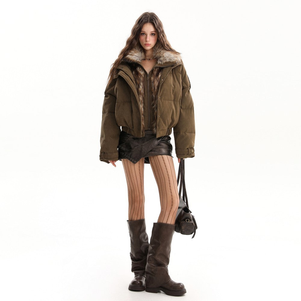 Warm winter styling with an oversized puffer jacket and faux fur trim