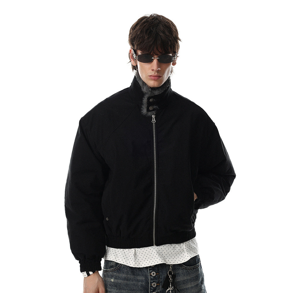 Close-up of the faux fur collar on a men's bomber jacket