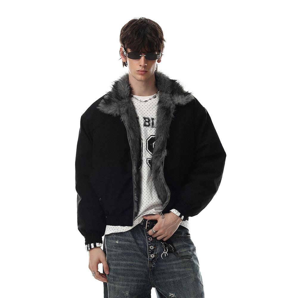 Side view of a men's short padded bomber jacket