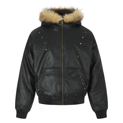 Studded PU Leather Hooded Bomber Jacket With Fur Collar