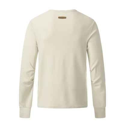 Detail view of studs and graphic styling on the Henley shirt