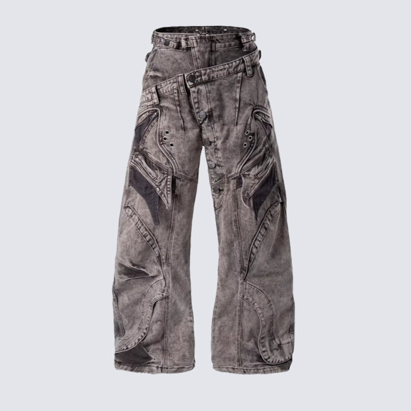 Wide leg denim jeans with a distinctive double waist panel detail