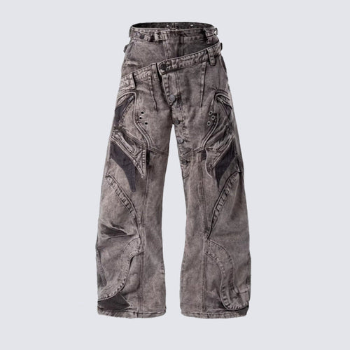 Wide leg denim jeans with a distinctive double waist panel detail