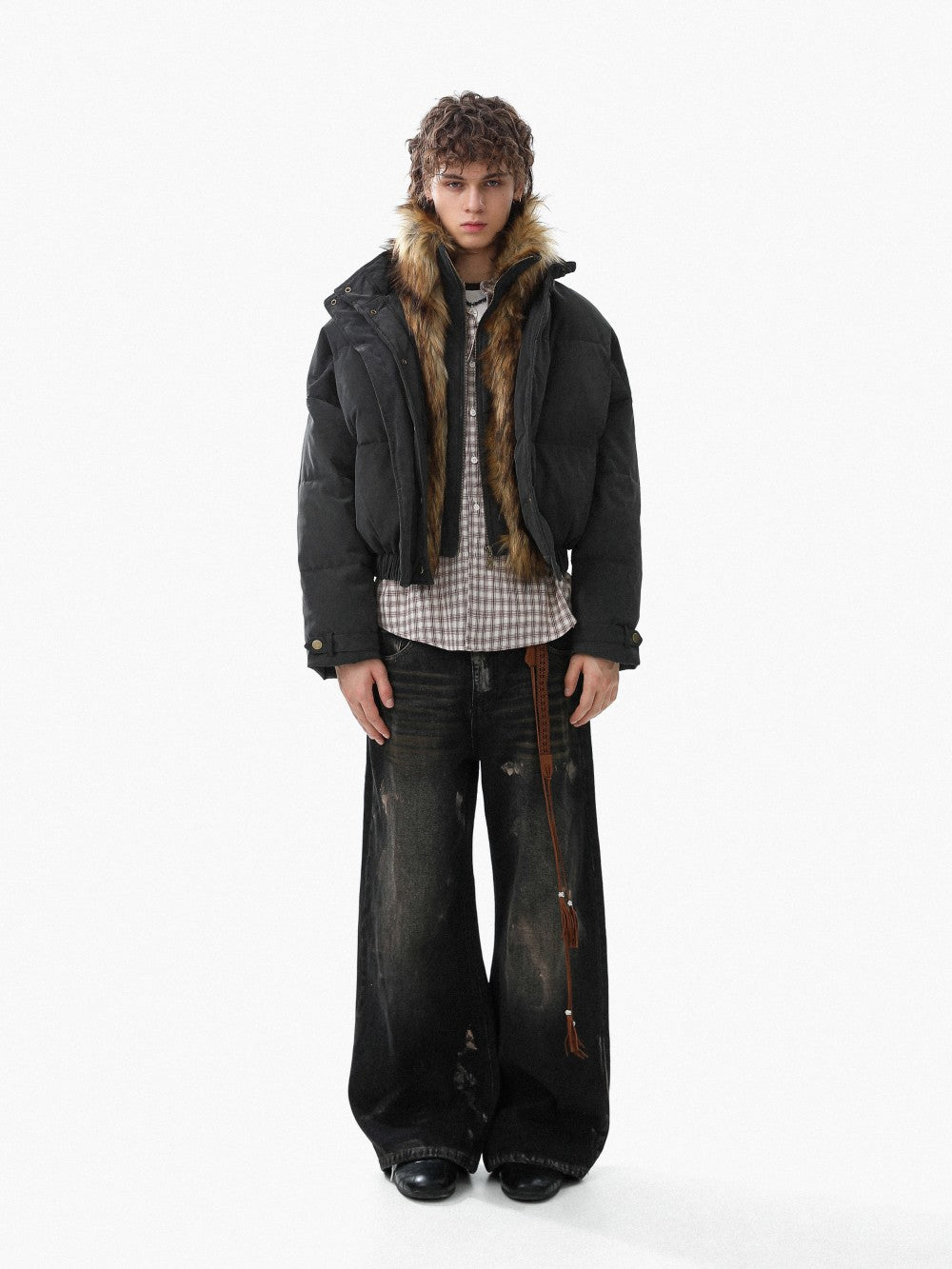 Close-up of the soft faux fur trim on an oversized puffer jacket