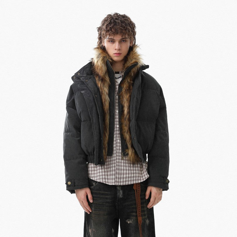Oversized puffer jacket with faux fur trim shown from the front