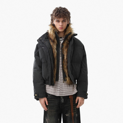 Oversized puffer jacket with faux fur trim shown from the front