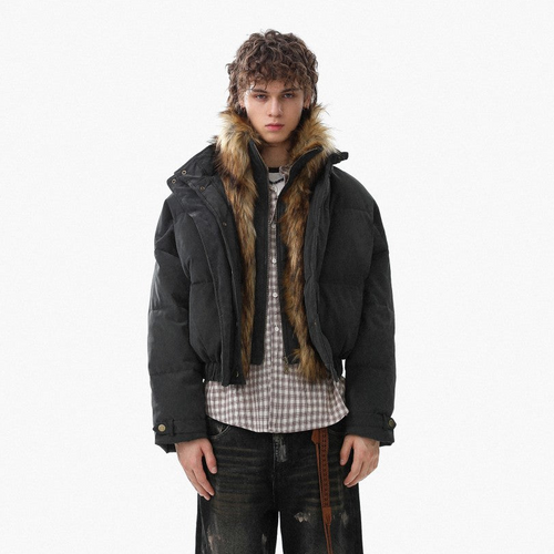 Oversized puffer jacket with faux fur trim shown from the front