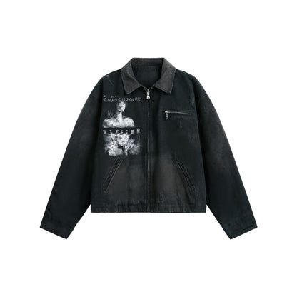 Acid Wash Canvas Workwear Jacket With Graphic Print