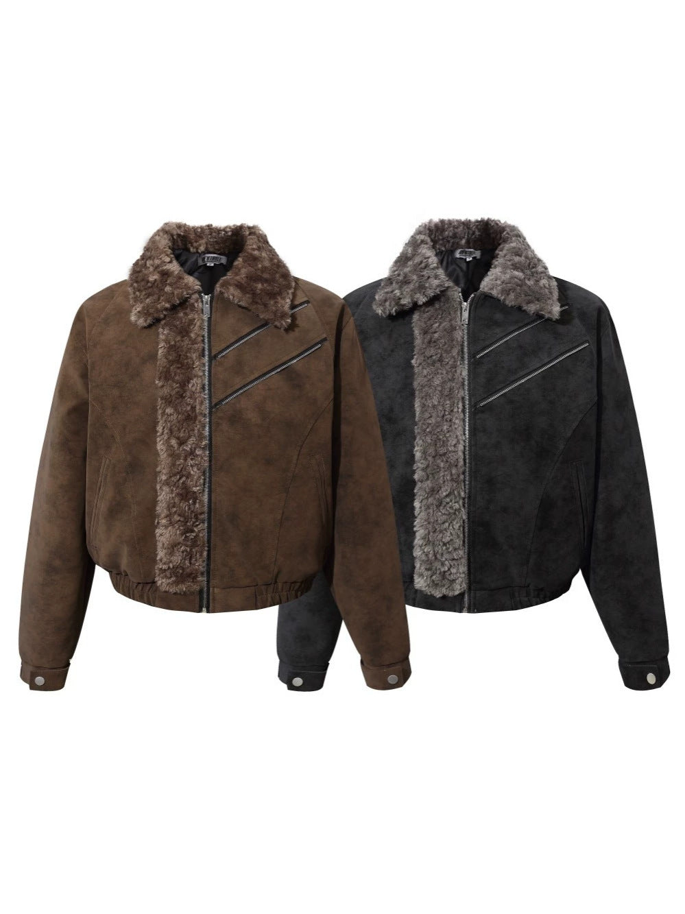 Suede quilted jacket with faux fur trim shown from the front