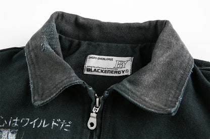 Side view of the graphic-print canvas workwear jacket with utility styling