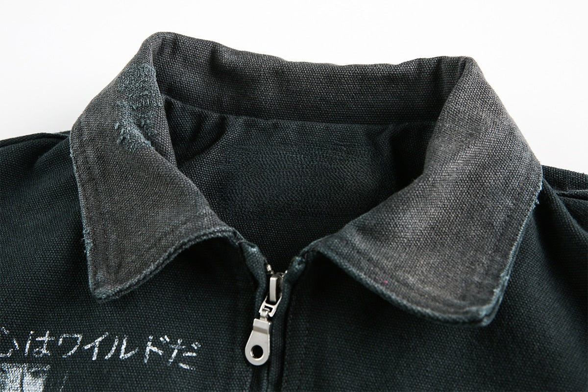 Acid Wash Canvas Workwear Jacket With Graphic Print