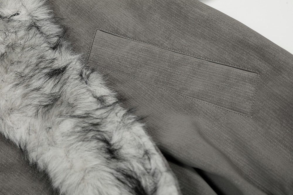 Texture detail of the soft faux fur collar