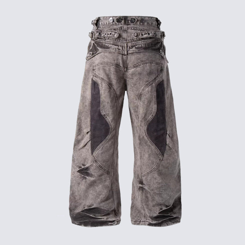 Front view of wide leg jeans showing the layered double waist design