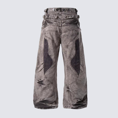 Front view of wide leg jeans showing the layered double waist design