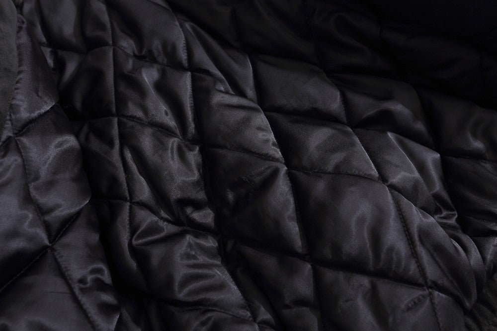 Jacket sleeve detail showing the quilted suede construction