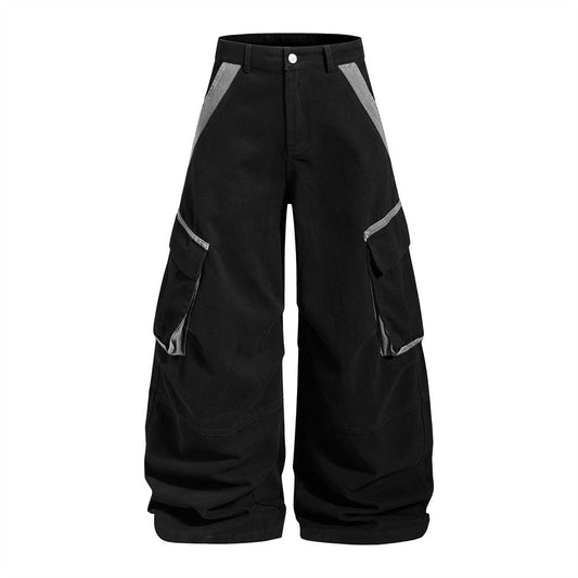 Cargo trousers showing contrast panels and relaxed wide-leg fit