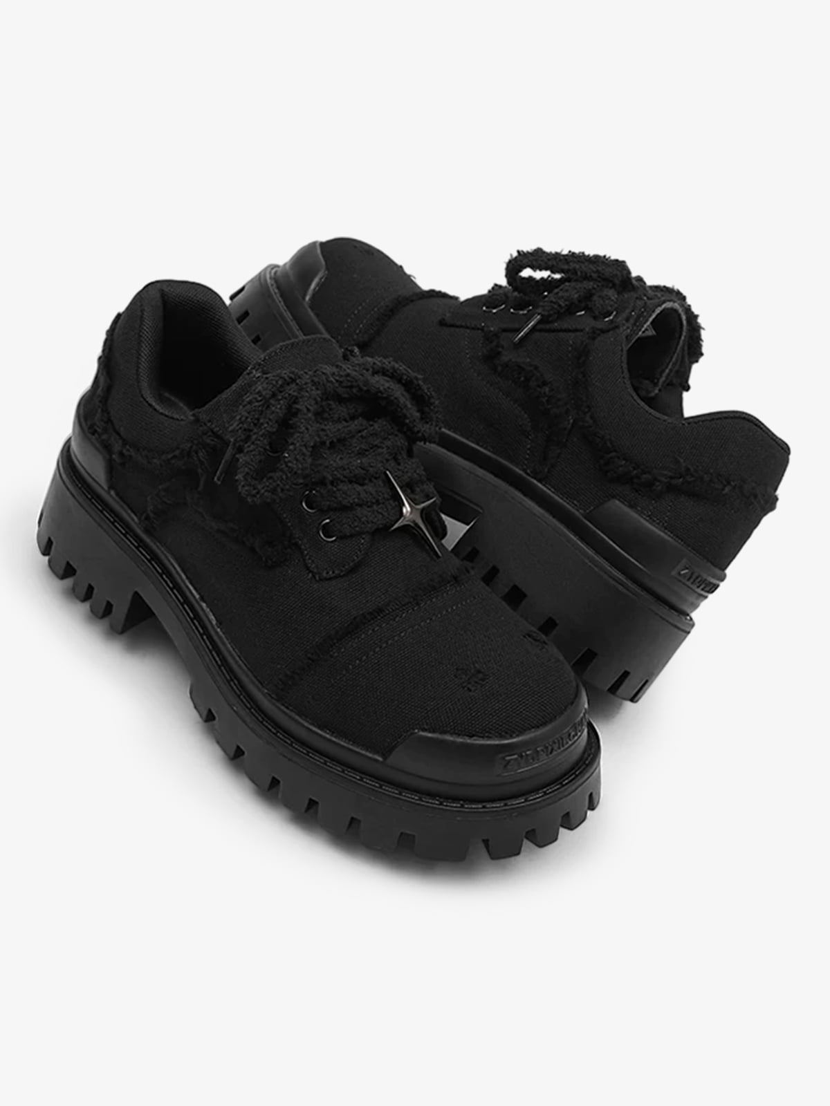 Rear view of chunky denim trainers with chunky soles