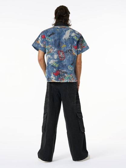 Revelse™ Tie-Dye Denim Polo T-Shirt with Graffiti Print