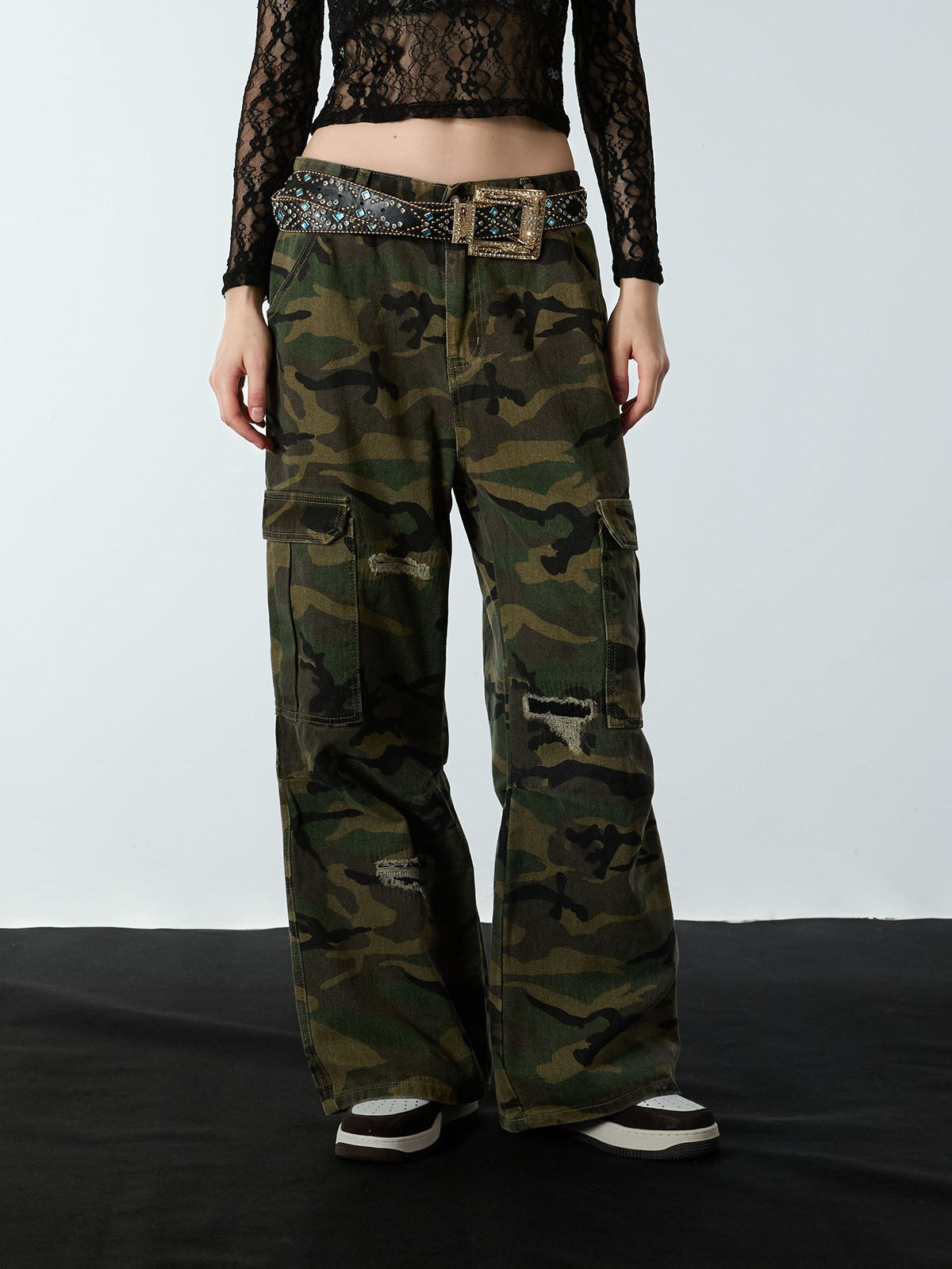 Revelse™ Woven Ripped Camouflage Cargo Baggy Pants