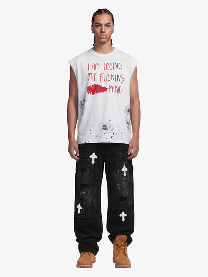 Revelse™ Grunge Slogan Print Distressed Raw Hem Sleeveless T-Shirt