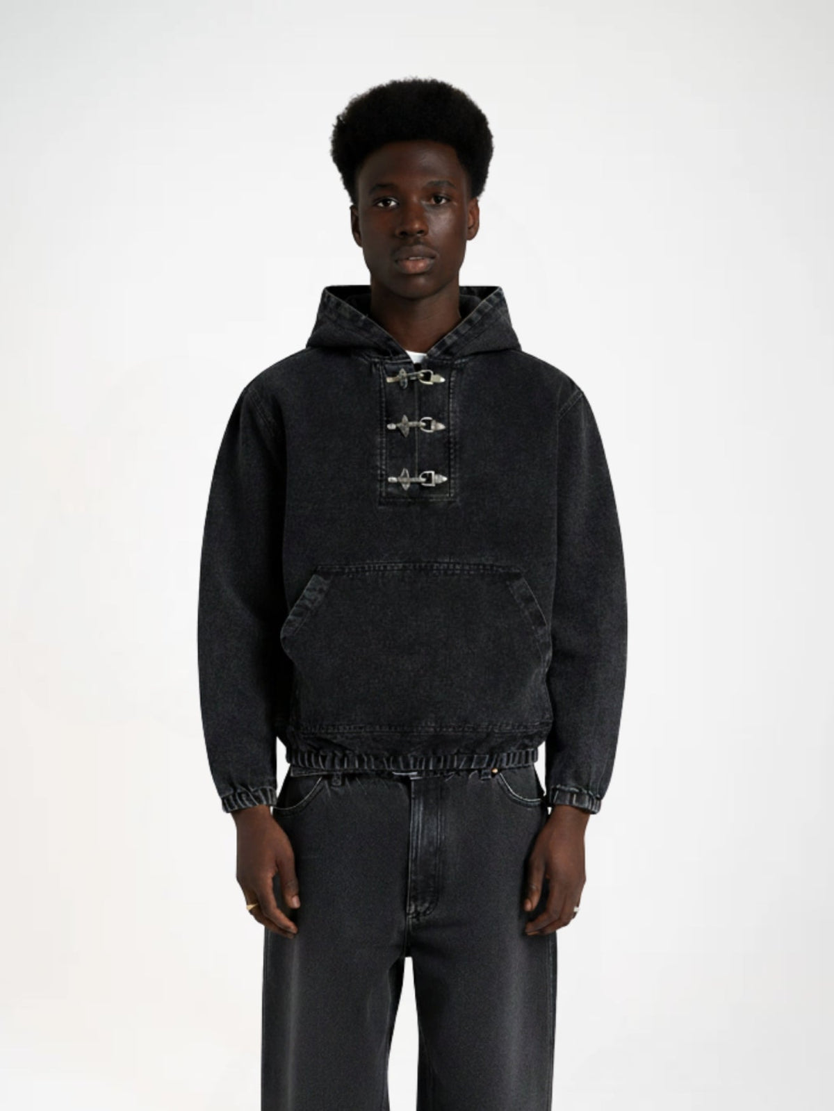 Revelse™ Washed Denim Toggle Front Hoodie Black