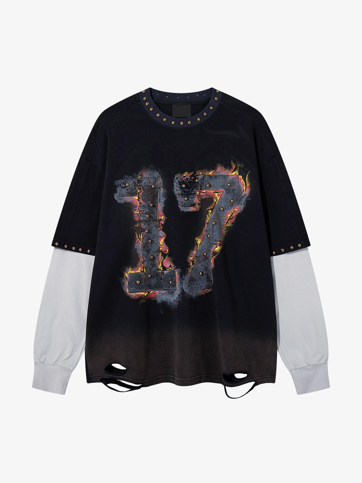 Flame graphic T-shirt showing its long sleeves and casual fit