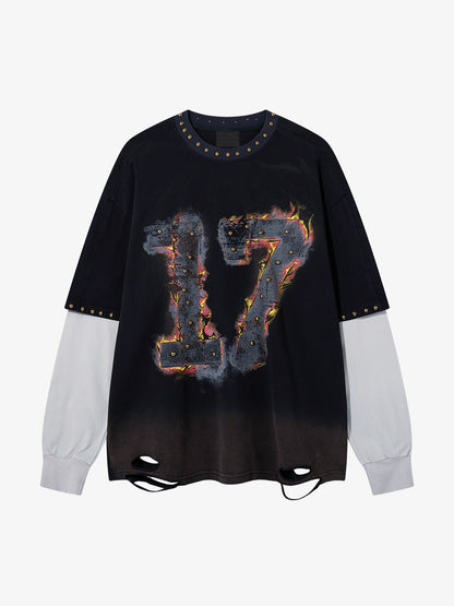 Flame graphic T-shirt showing its long sleeves and casual fit