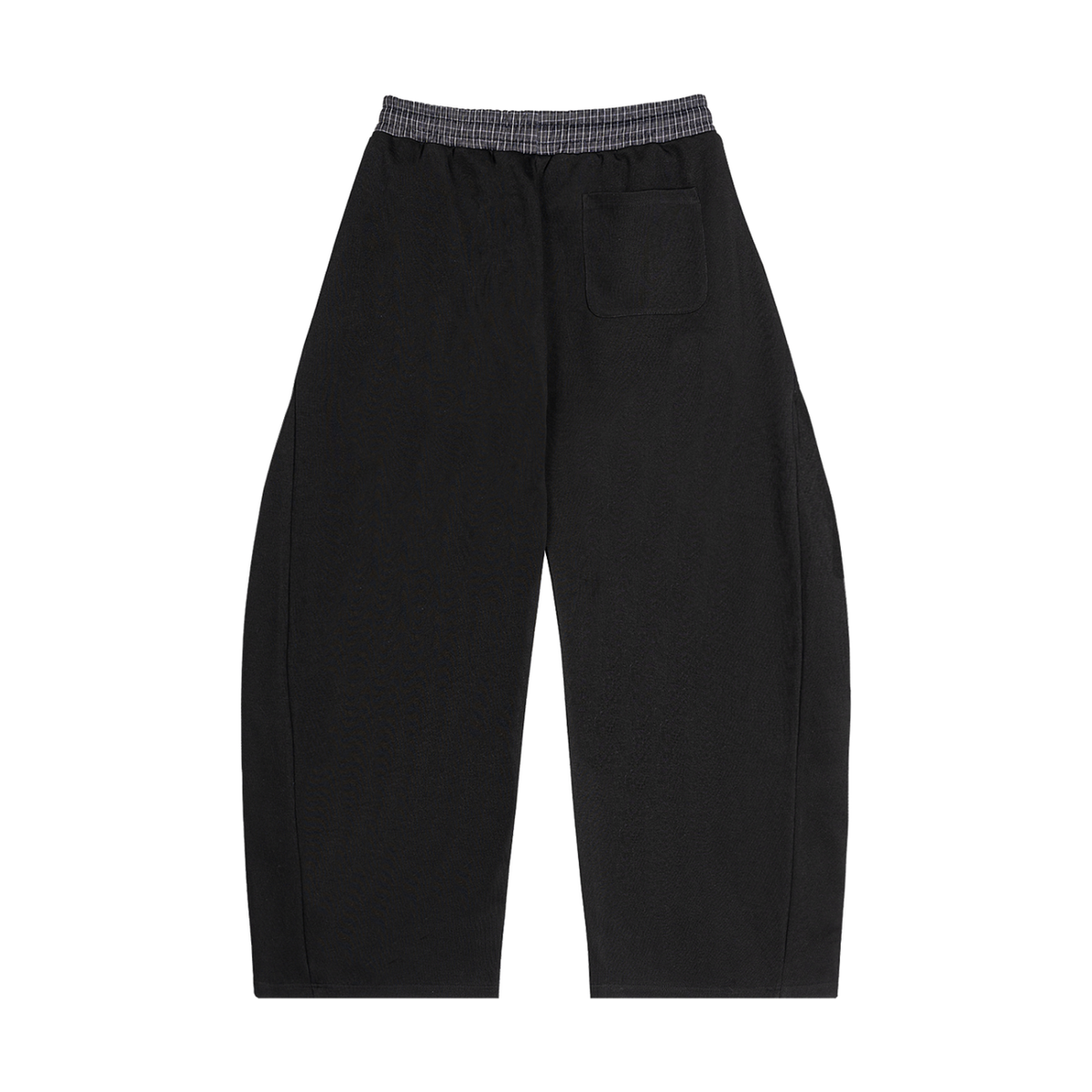 Back view of plaid waistband barrel-leg sweatpants